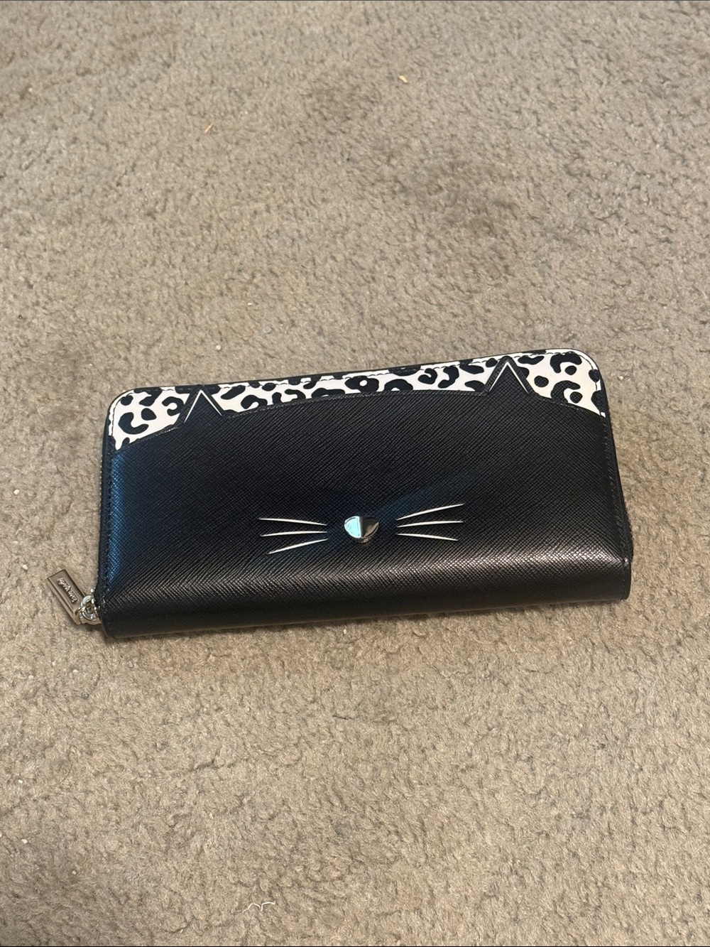 kate spade Black Leopard-Trim Cat Zip Wallet